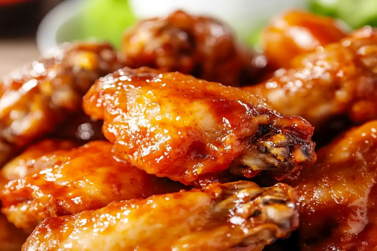 Buffalo wings coated in sauce beside crispy regular wings on a serving plate