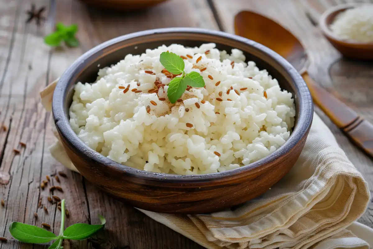 A bowl of thick, creamy rice pudding with a sprinkle of cinnamon.