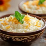 Bowl of traditional rice pudding with cinnamon and raisins