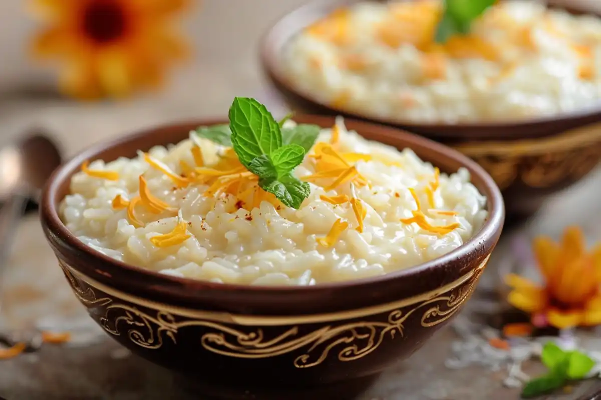 Bowl of traditional rice pudding with cinnamon and raisins